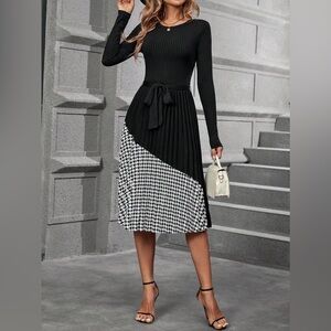 SHEIN Clasi Houndstooth Print Belted Pleated Hem Dress